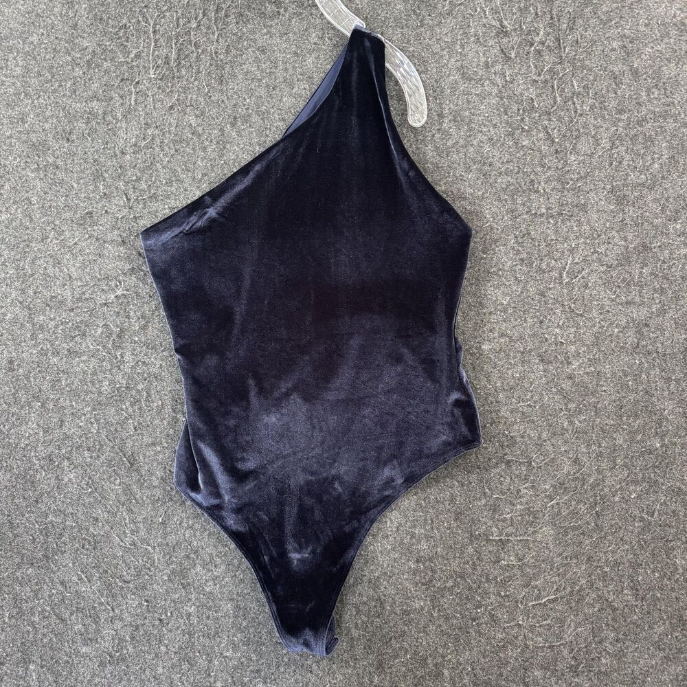 Fabletics Gigi Velour Bodysuit Women's Large Blue One Shoulder Snap Lined Party